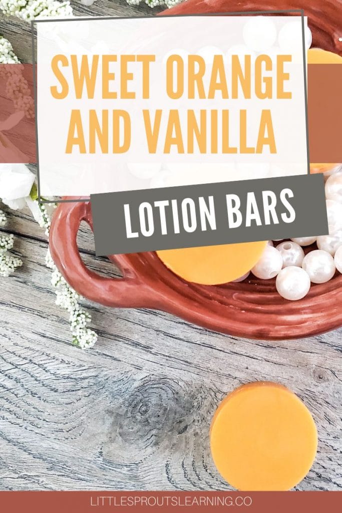 sweet orange and vanilla lotion bars on a plate with pearls