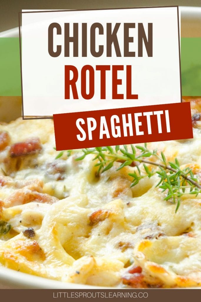 a pan of chicken rotel spaghetti garnished with a sprig of thyme on top