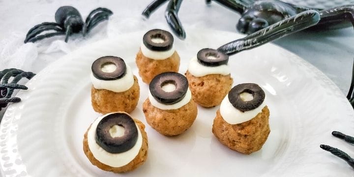 creepy meatball eyeballs on a plate