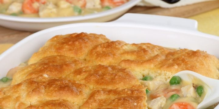 biscuit topped tuna pot pie in a dish