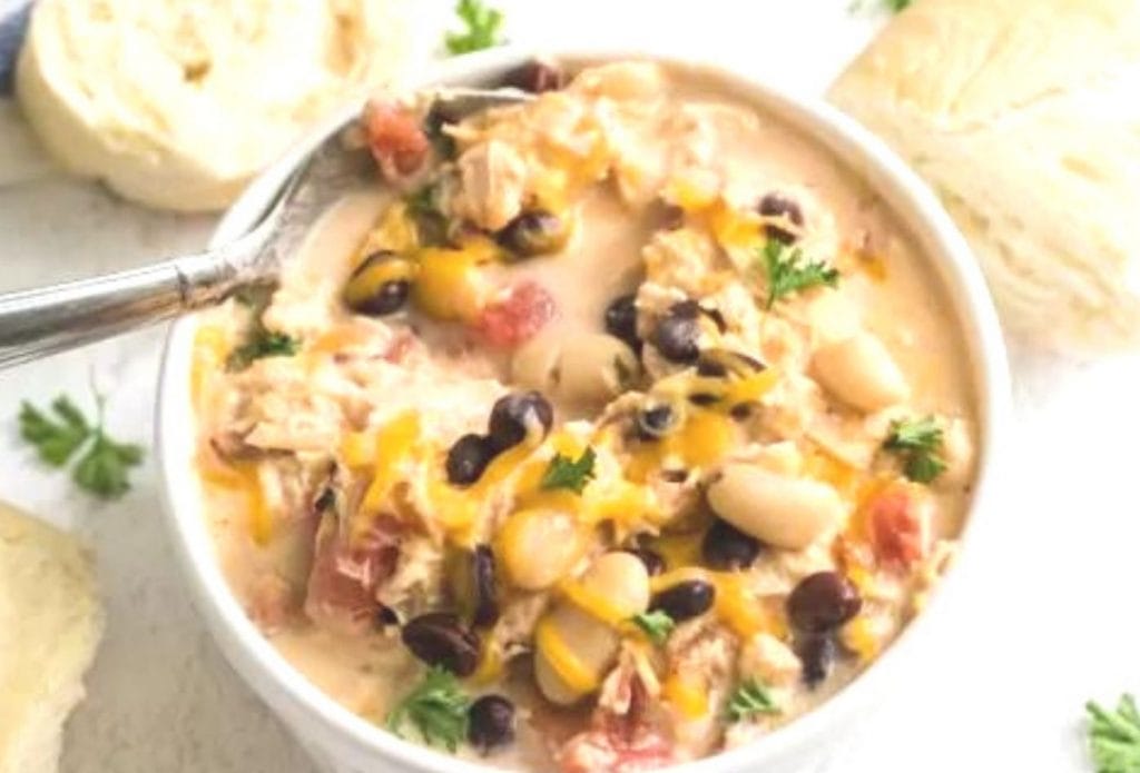 crack chicken chili in a bowl