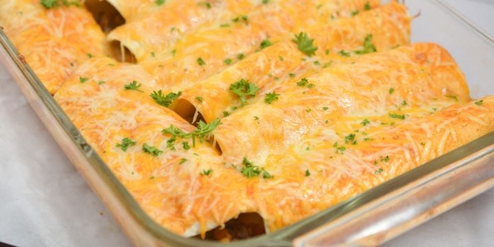 5 ingredient beef enchiladas in a dish