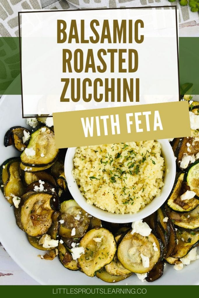 balsamic roasted zucchini with feta on a plate with dip in the middle