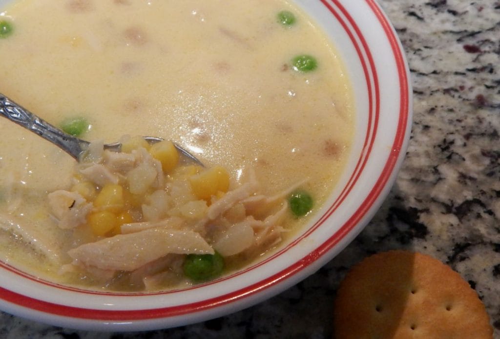 turkey and pea corn chowder in a bowl