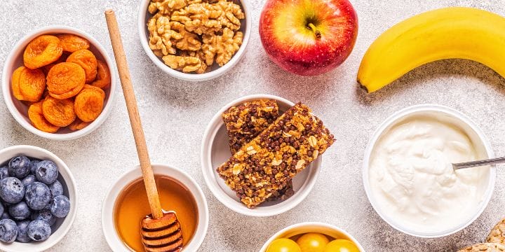 healthy snack options arranged on a counter