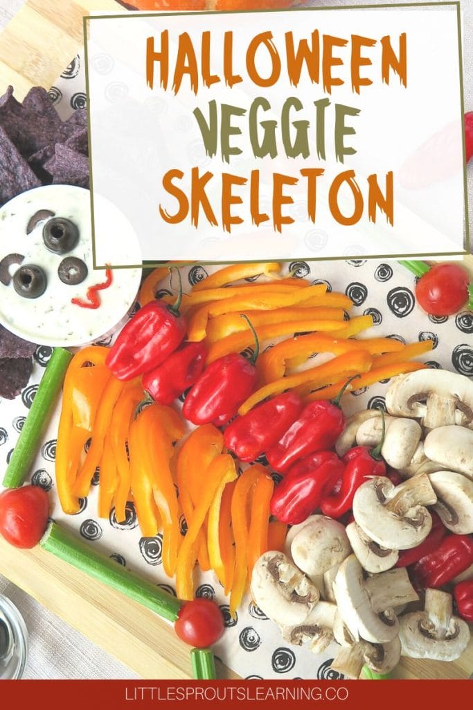Halloween veggie skeleton on a sheet of paper