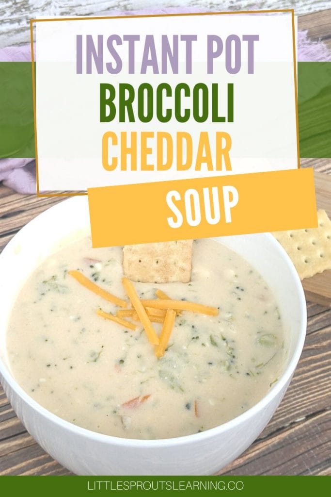 instant pot broccoli cheddar soup in a bowl on a board