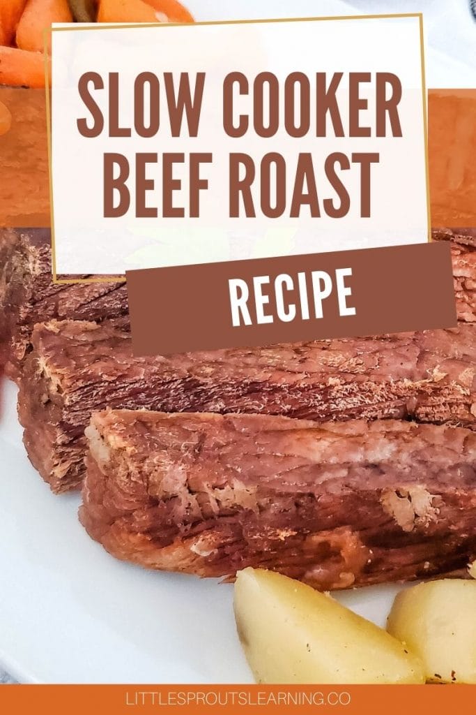 roast beef from the crock pot sliced on a board