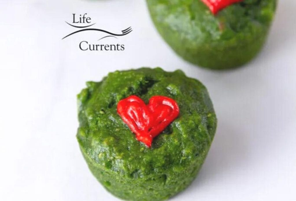 healthy grinch muffins, green muffins with a heart on top