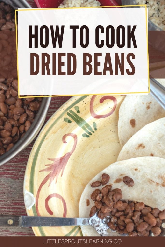 pot of dried pinto beans and a plate of tortillas with a spoon scooping beans on 