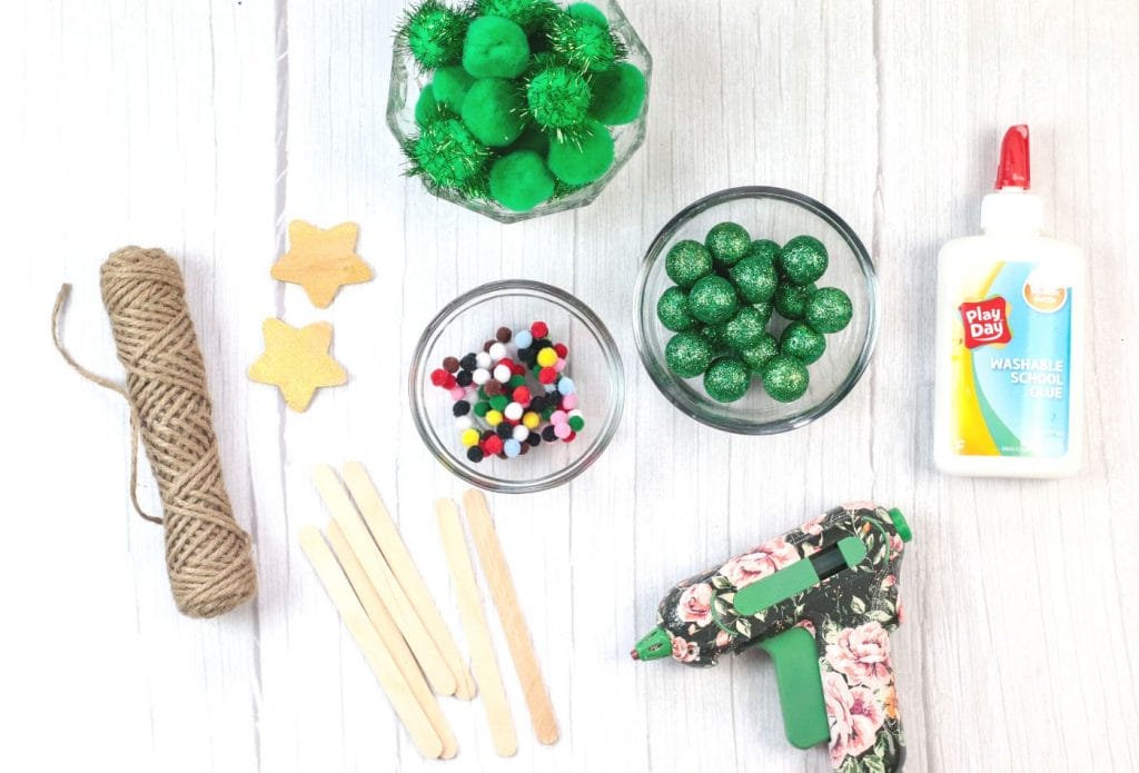 supplies for kids to make pom pom christmas tree ornament