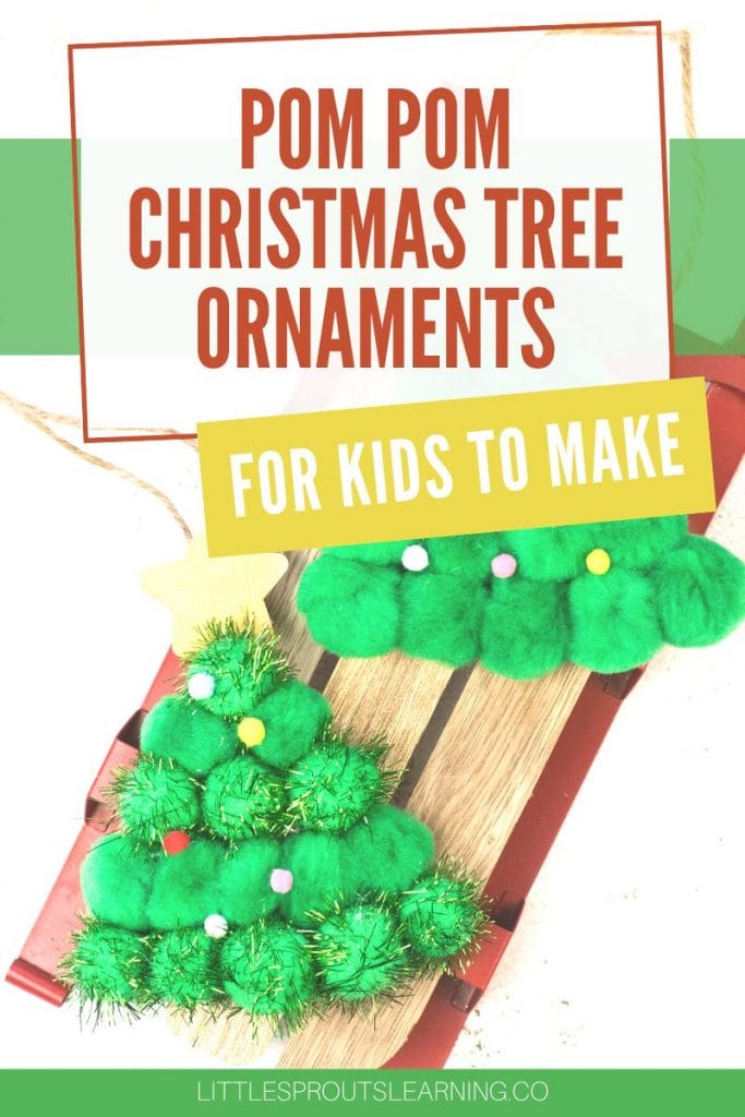 pom pom christmas tree ornaments arranged on a sled