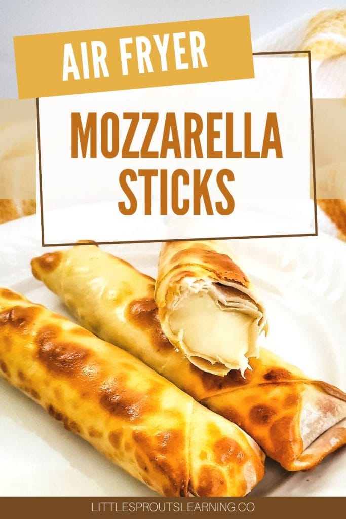 plate of air fryer mozzarella sticks with one missing a bite