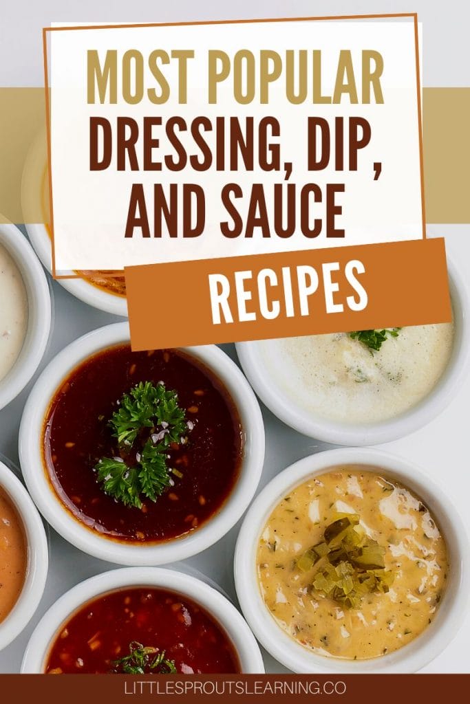 bowls of most popular dressings and dips on a plate