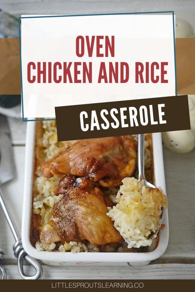 oven chicken and rice casserole in a dish on the counter