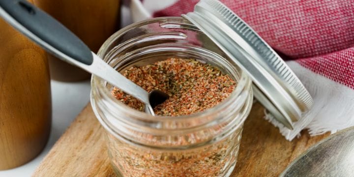 simple steak seasoning in a jar with spoon