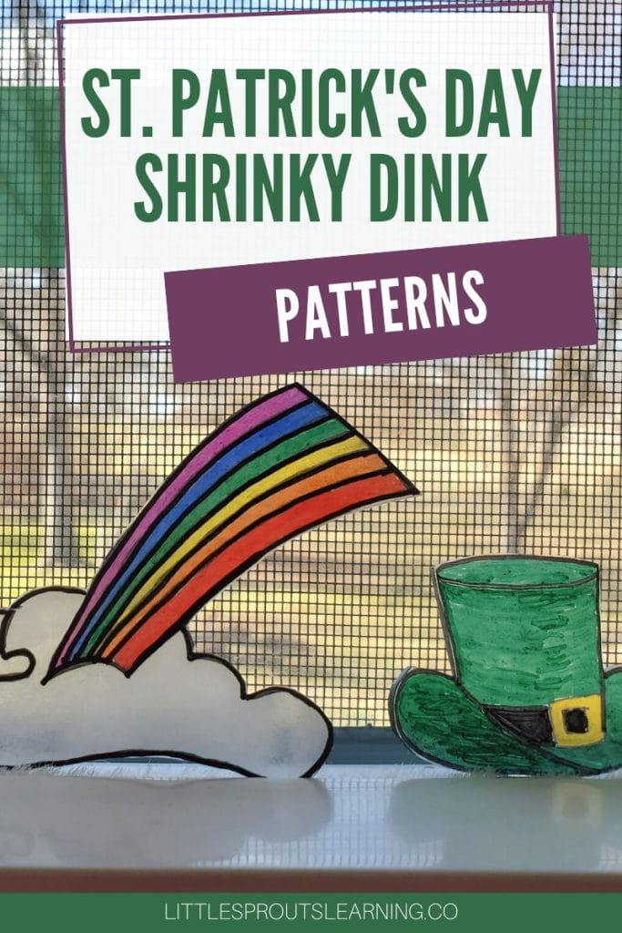 St. Patrick's Day shrinky dinks against a windwo, a rainbow, a leprechaun hat, and a pot of gold