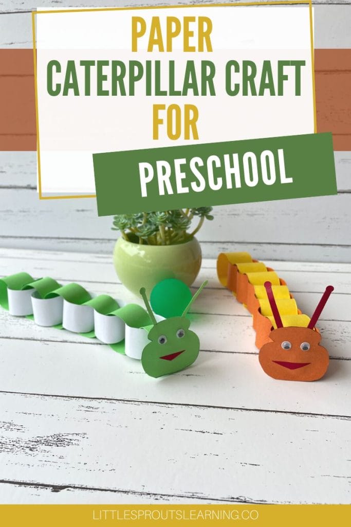 paper caterpillar craft for preschool. Two paper caterpillars on a aboard, one green and white, one orange and yellow, perfect for the hungry caterpillar