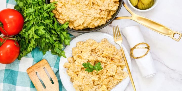 one pan cheeseburger pasta on a plate and in a skillet
