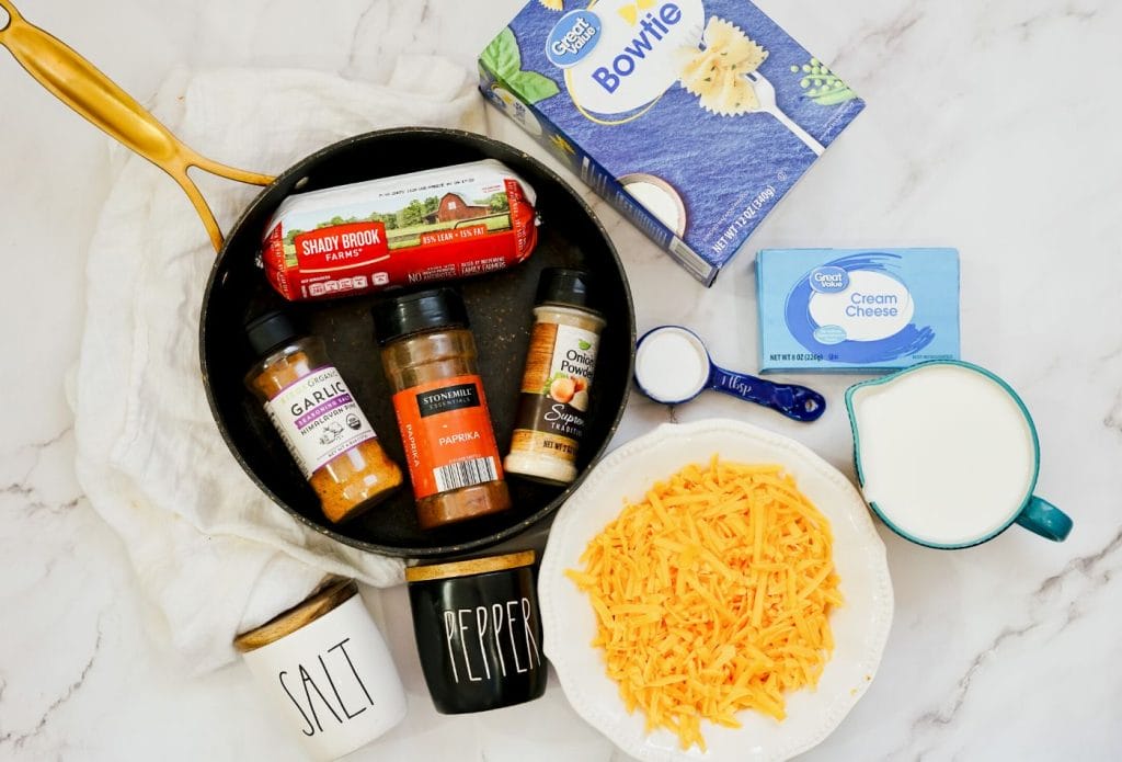 ingredients for one pan cheeseburger pasta