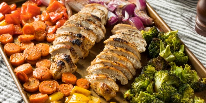 roasted chicken and vegetables on a pan
