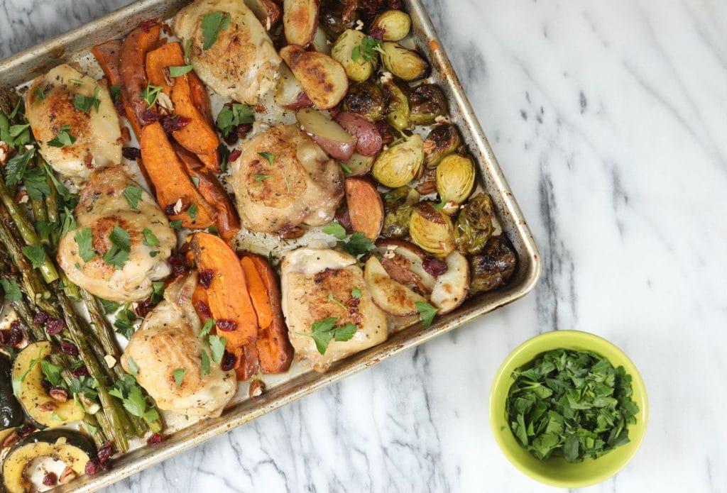 sheet pan with chicken thighs and vegetables