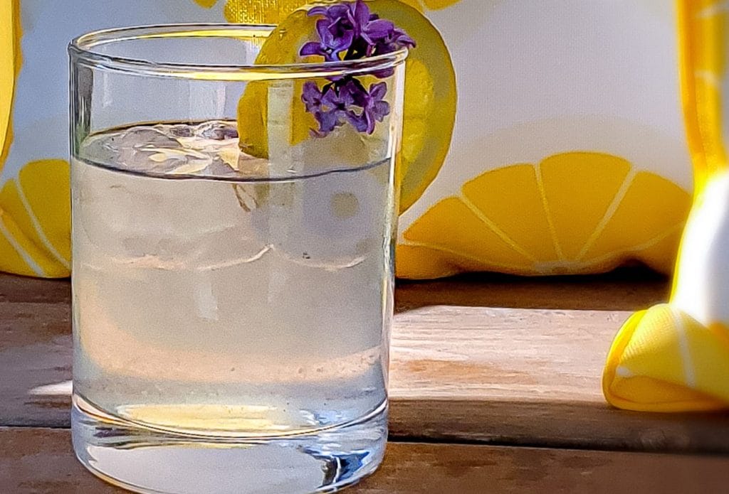 a glass of lemonade on the deck with a lemon pillow