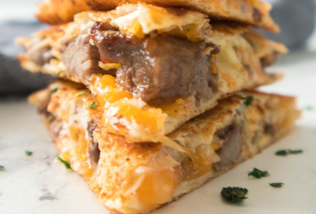 close up of steak in a quesadillas