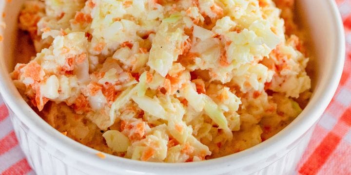 KFC copycat cole slaw in a bowl on a towel