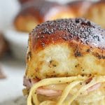 ham and cheese slider close up with cheese stringing