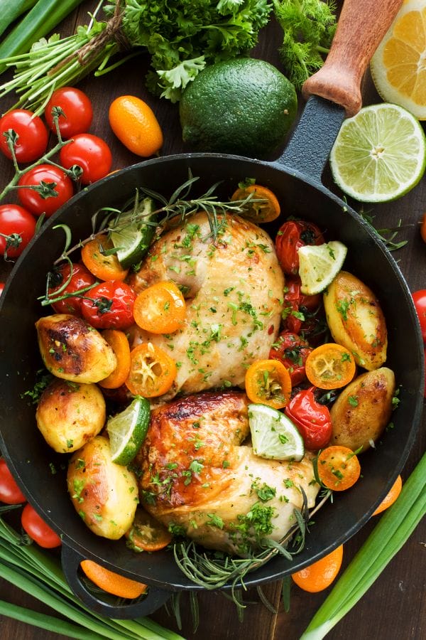 a skillet of yummy dinner