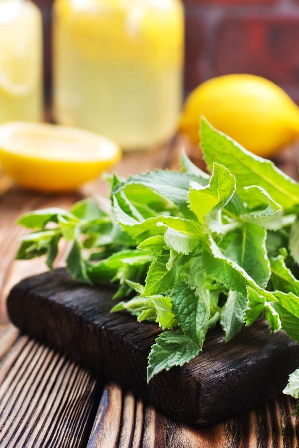 mint on a cutting board with lemons