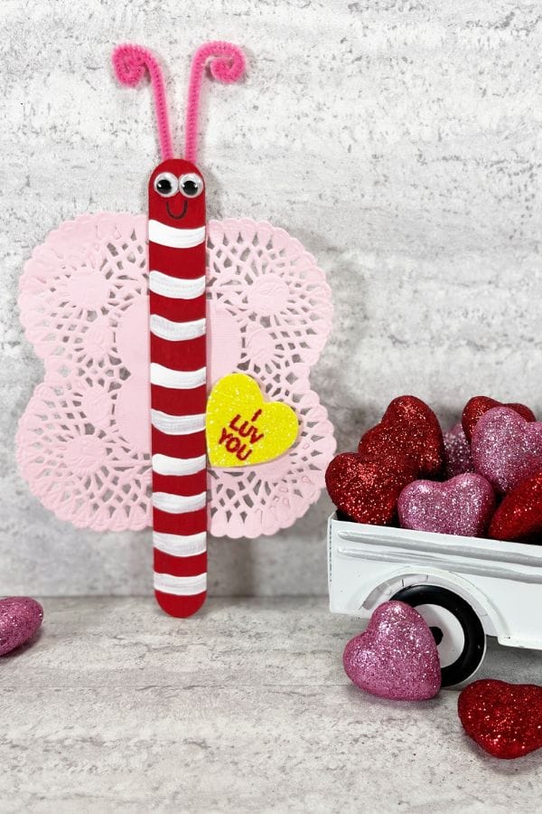 popsicle stick and paper heart doilie valentine butterfly