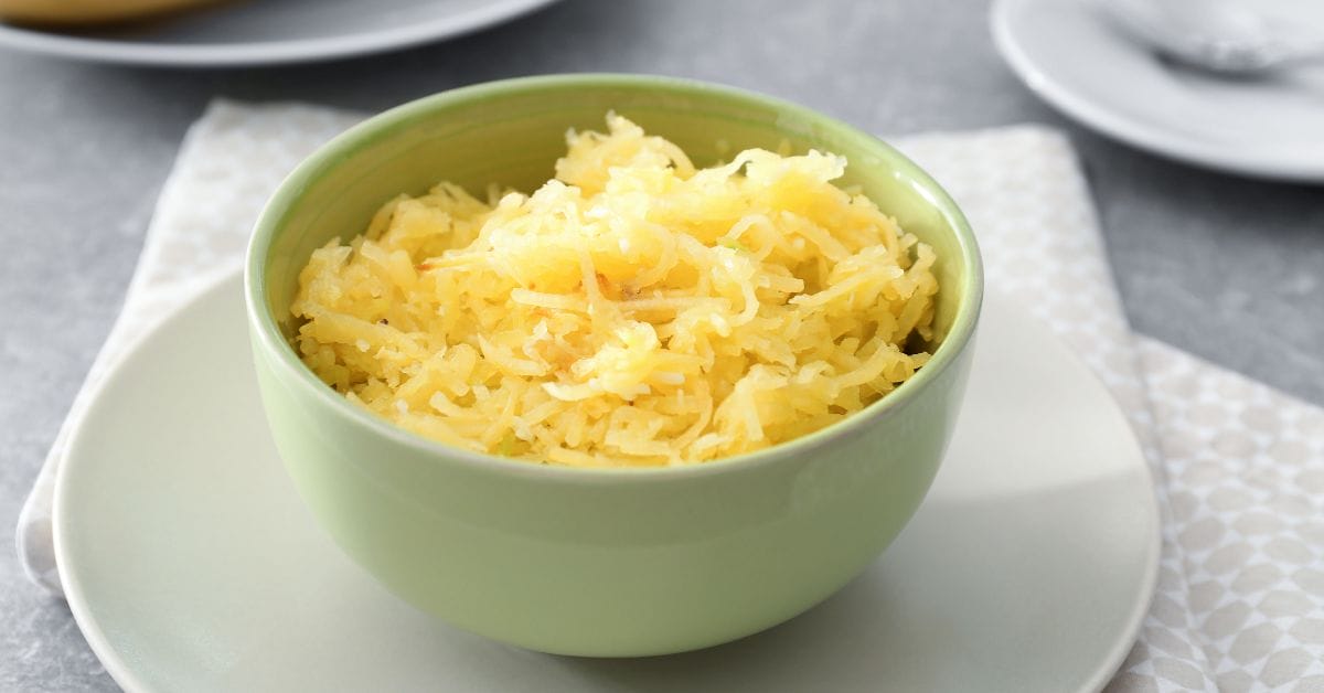 a bowl of cooked spaghetti squash