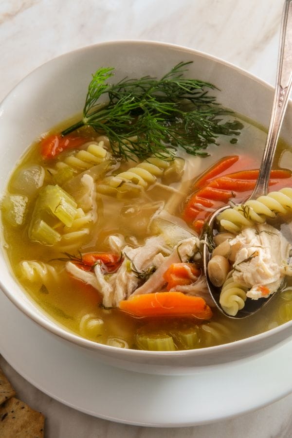 shredded chicken soup in a bowl