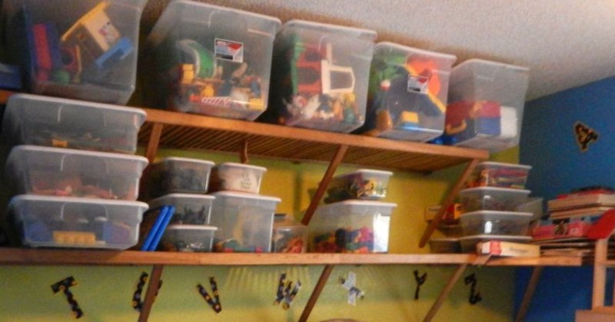 Shelves in a home daycare room with storage