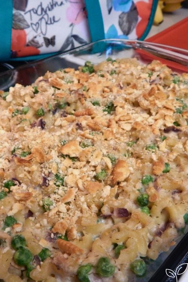 tuna casserole with cracker crumbs on top