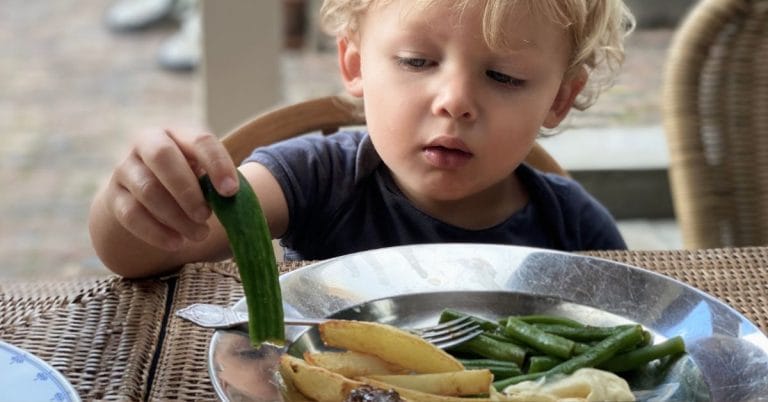 a toddler eating dinner from a plate