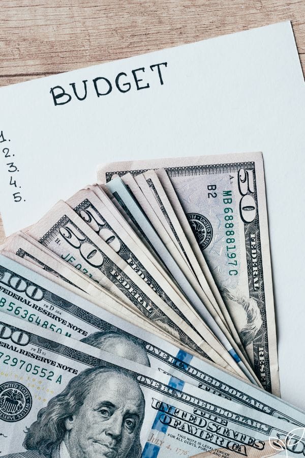 Bills fanned out on a sheet with budget written on it.