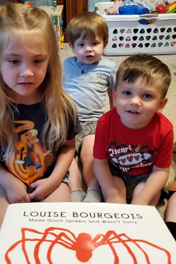 Kids listening to a story about Louise Bourgeois