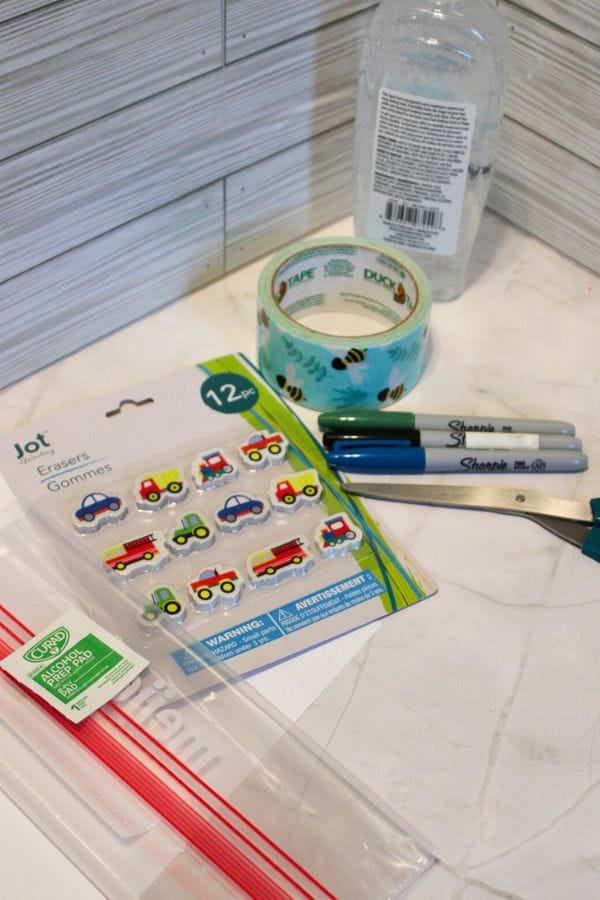 supplies to make a transportation sensory bag activity