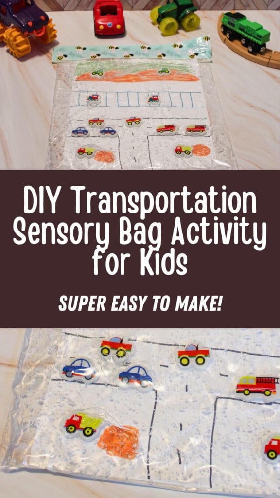diy transportation sensory bag activity for kids. Super easy to make