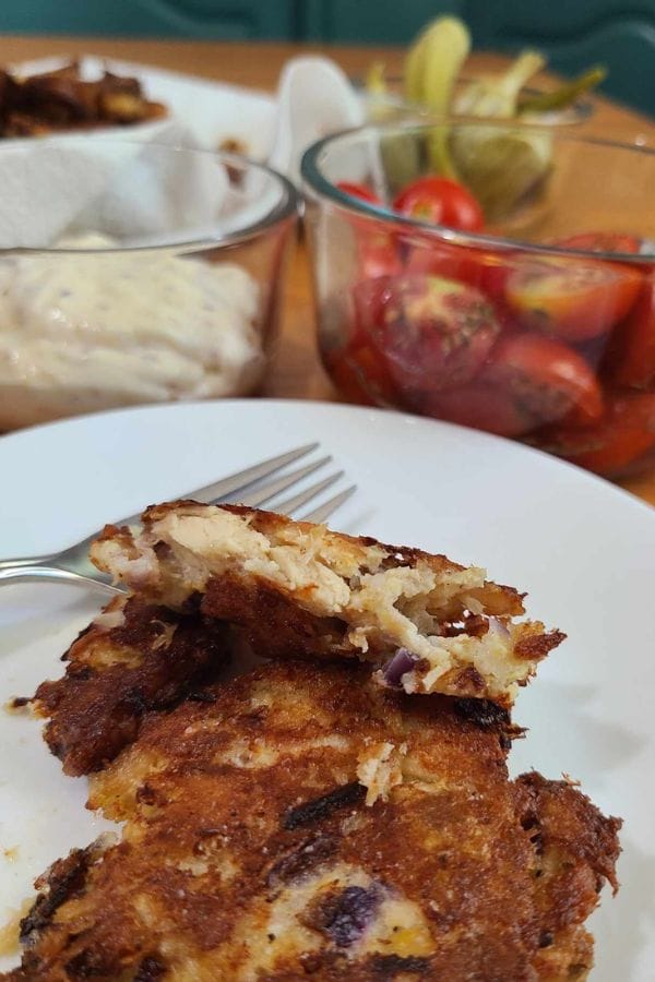 tuna fritters on a plate with a fork