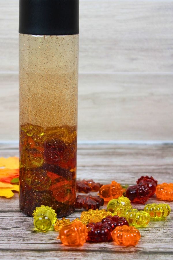 Fall sensory bottle ingredients on a board by a bottle