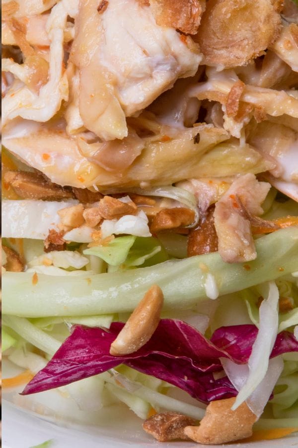 Close-up of a salad featuring shredded leftover chicken thighs, cabbage, and purple lettuce, topped with fried garlic and peanuts.