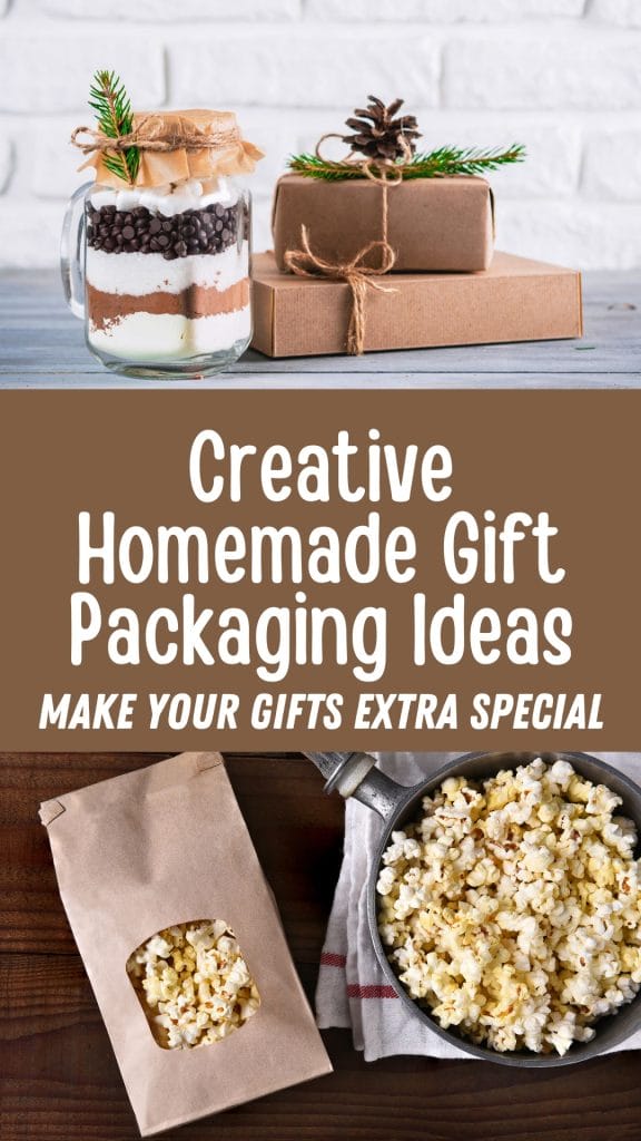 A layered jar and wrapped gifts topped with pinecones evoke warmth, while the text reads "Creative Homemade Gift Packaging Ideas: Make Your Gifts Extra Special." Below, popcorn in a bowl and bag.