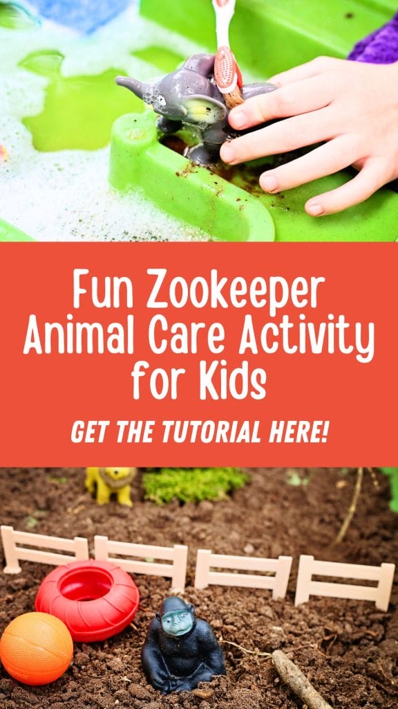 Close-up of a child as a zookeeper, cleaning plastic animals in a soapy water play set. Text: "Exciting Zookeeper Animal Care Activity for Kids. Get the tutorial here!" with a toy animal scene below.