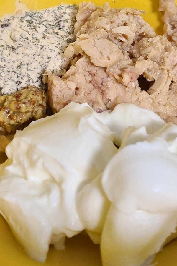 Close-up of a yellow plate with the ingredients for a healthy tuna wrap: fresh tuna, mustard, mayonnaise, and herbs.