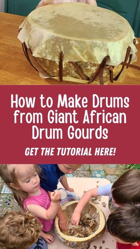 A drum crafted from an African gourd drying, with three children joyfully playing with gourd pieces. Discover "How to Make Drums from Giant African Drum Gourds" and get the full tutorial here!