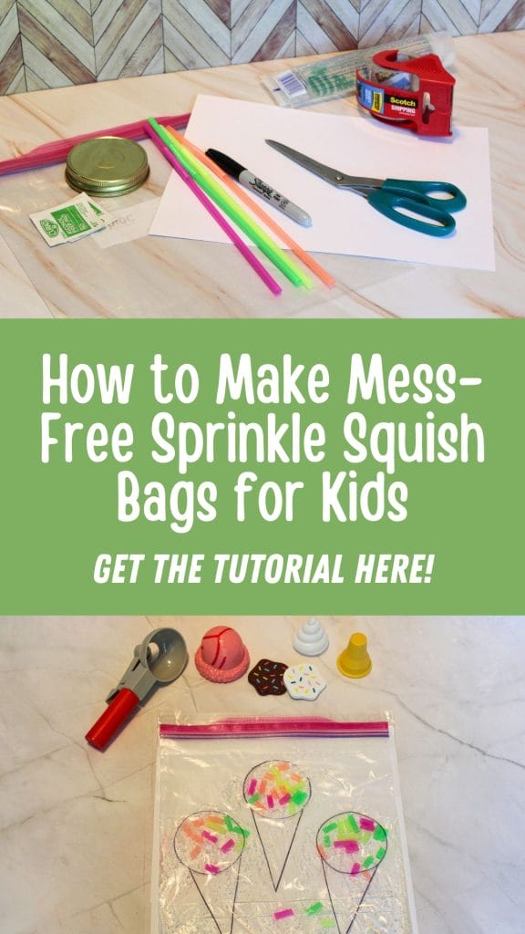 Craft supplies and a completed Sprinkle Squish Bags tutorial are shown. Supplies include scissors, plastic bags, markers, and a glue stick. The finished product showcases vibrant paper shapes.